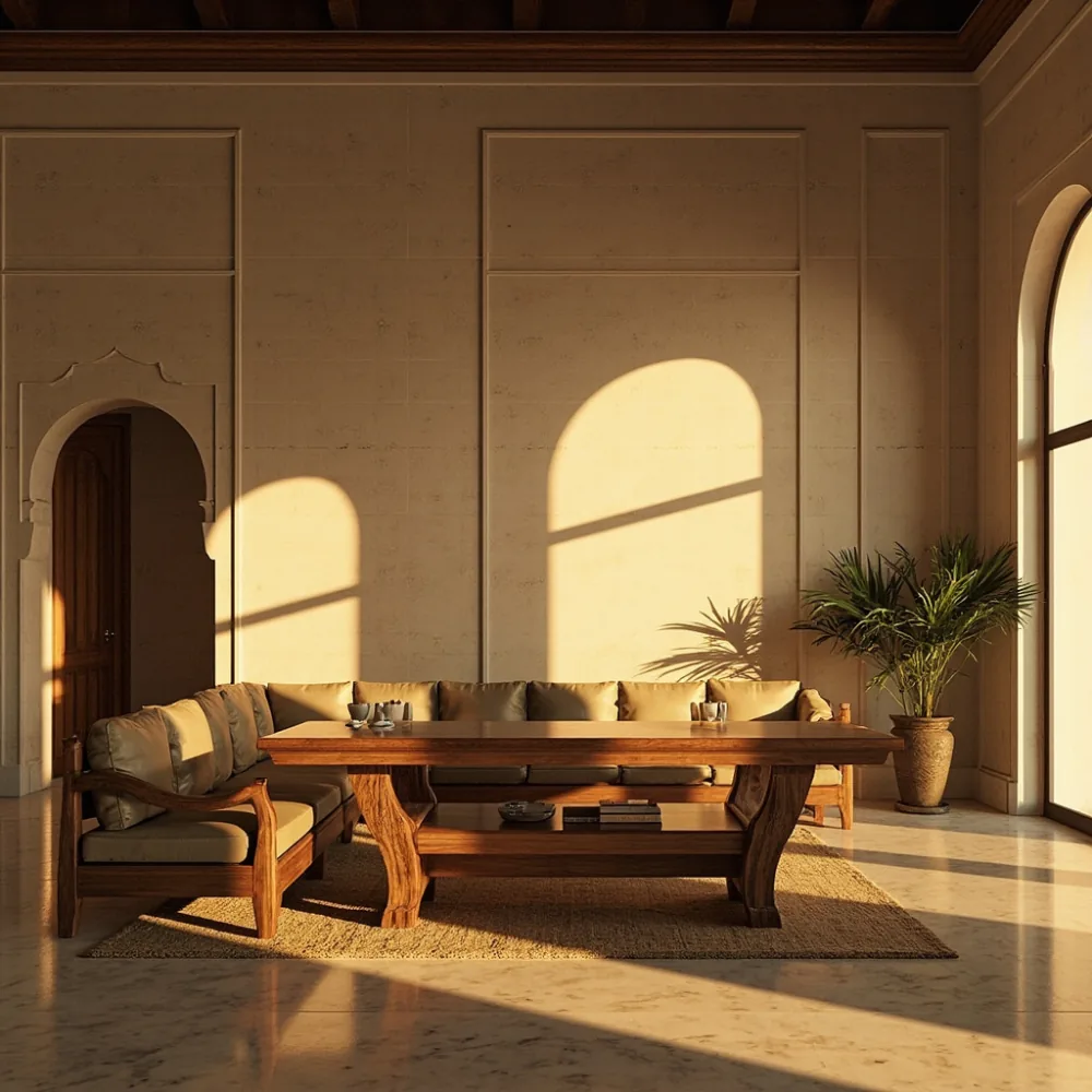 مجلس فاخر من خشب Oak صلب في فيلا الرياض بطول 380 سم مع كنبة موازية
