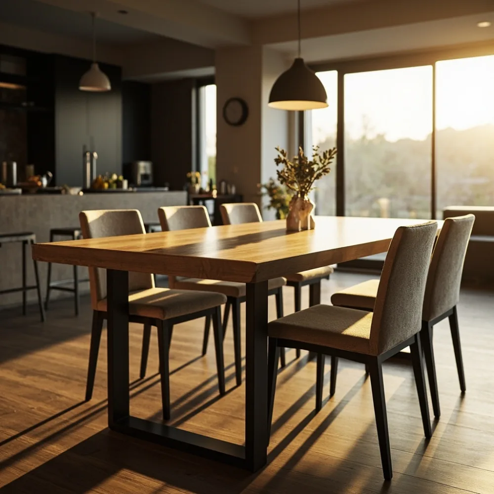 photorealistic natural-light photo of a modern American-style dining table 240x110 cm with solid oak top, black metal legs, beige linen chairs, open kitchen in background, soft golden hour light, film grain, no text, no people faces