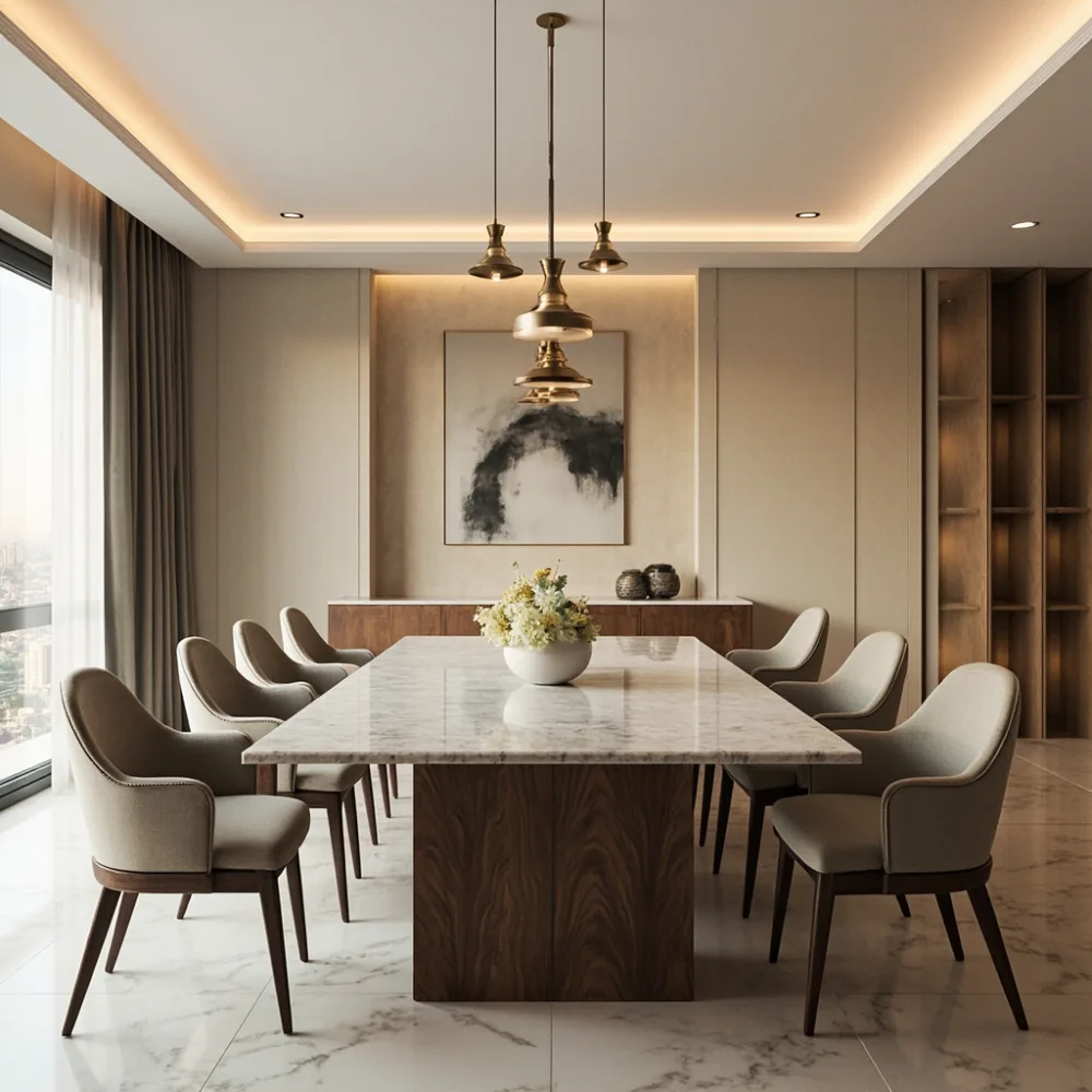طاولة طعام رخام كلكتا بطول 240 سم في صالة طاولة بف penthouse الدوحة