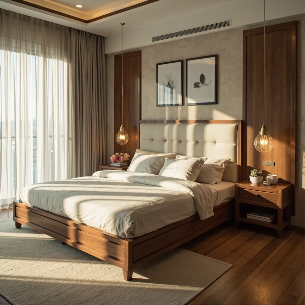 سرير king size بإطار خشب الجوز الصلب في غرفة نوم رئيسية فيلا الرياض
