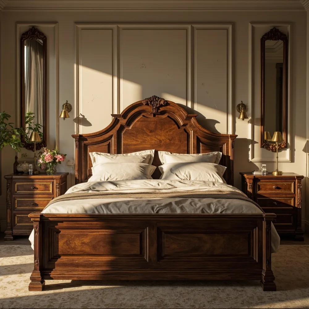 سرير king خشب صلب بنمط أمريكي في غرفة نوم فيلا الرياض، 180×200 سم، مصابيح نحاسية