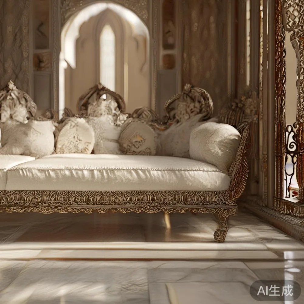 كنبة مجلس خشب صلب بتفاصيل فرنسية منحوتة داخل مجلس عربي فاخر في دبي