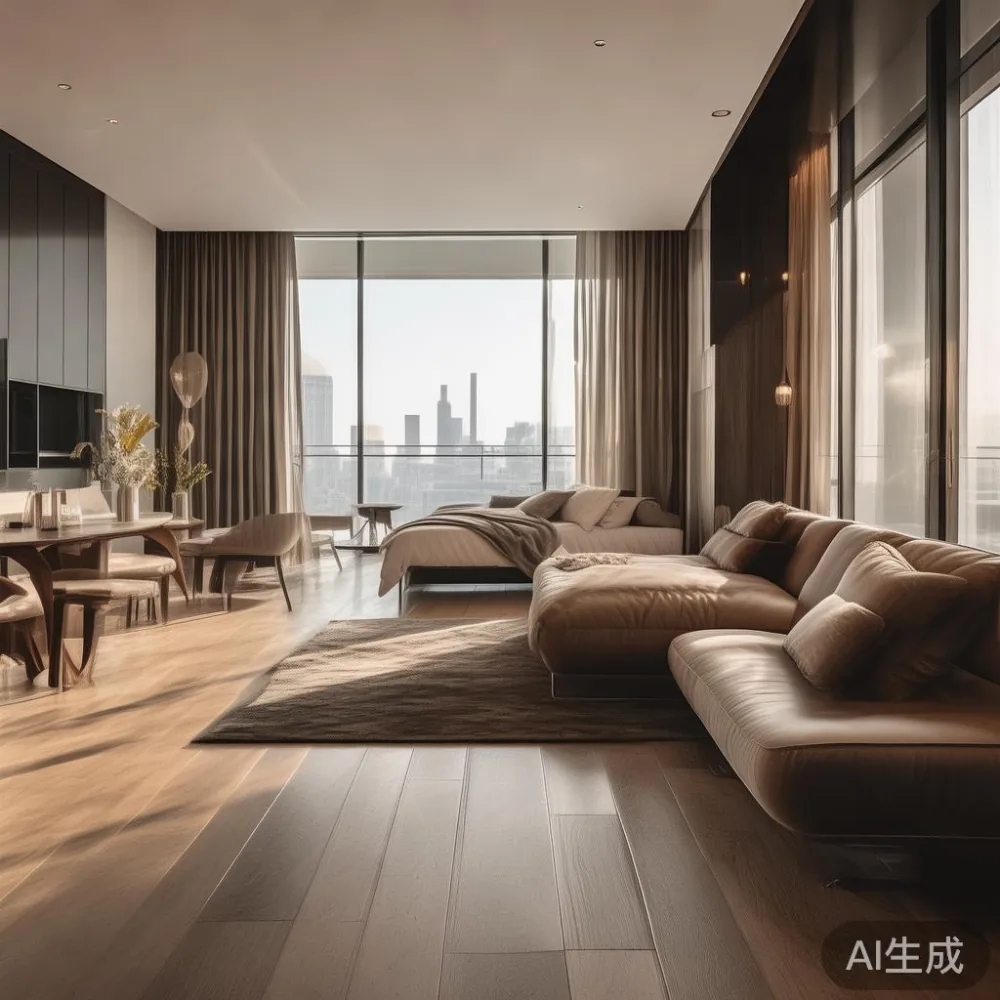 صورة واقعية بأضواء طبيعية للمجلس الفاخر بتصميم ما بعد الحداثة في شقة حديثة بالدوحة