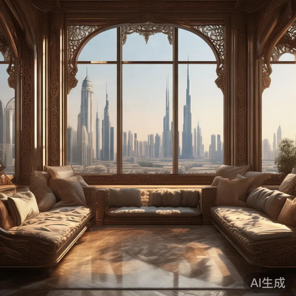 صورة واقعية لأثاث المجلس الفاخر بالتصميم الفرنسي مع أثاث خشبي، تصميم راقي، مناظر طبيعية لمدينة دبي في الخلفية