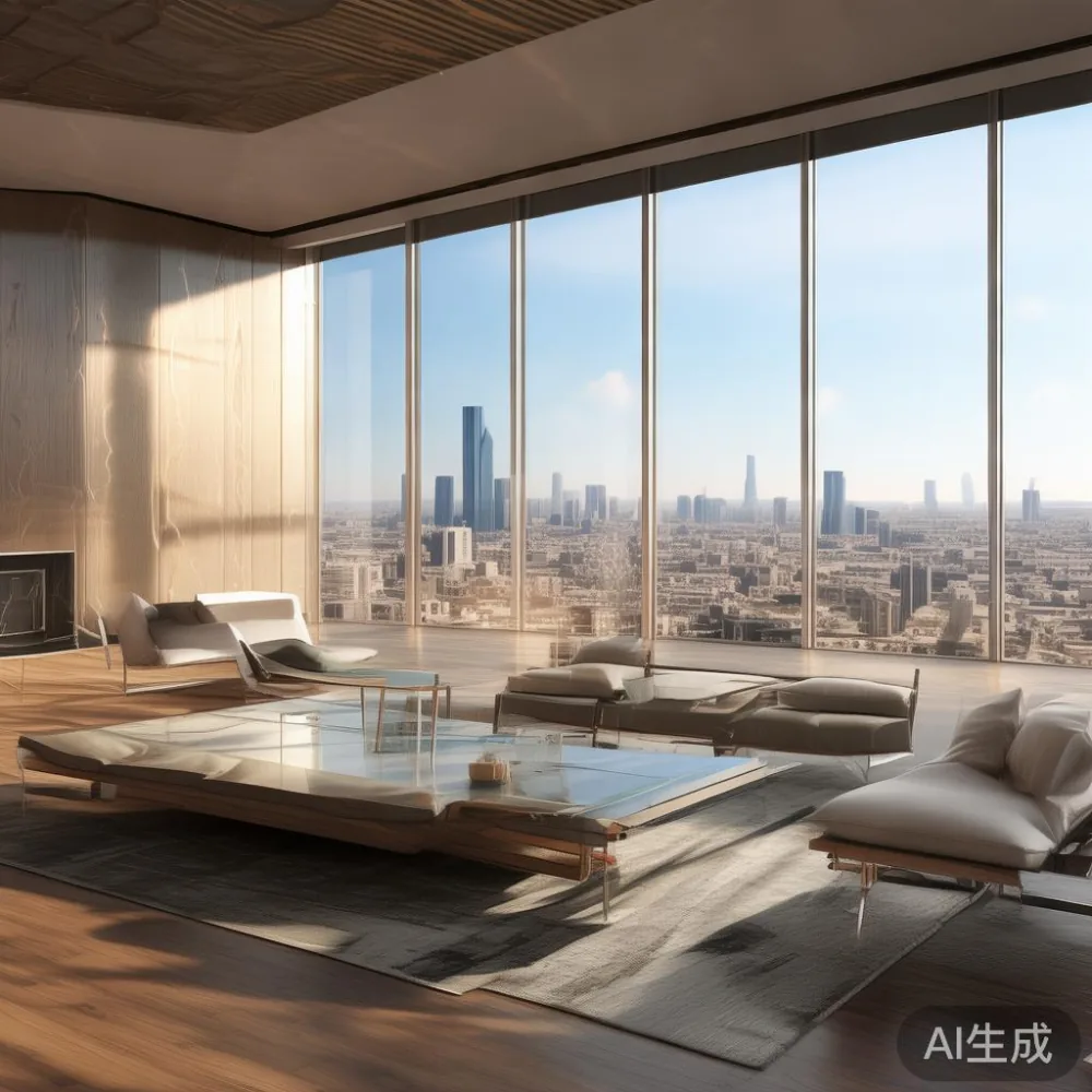 صورة واقعية لأثاث المجلس الفاخر بالتصميم الأمريكي مع تصميم سلس، عناصر زجاجية و金属ية، مناظر طبيعية لمدينة الرياض في الخلفية