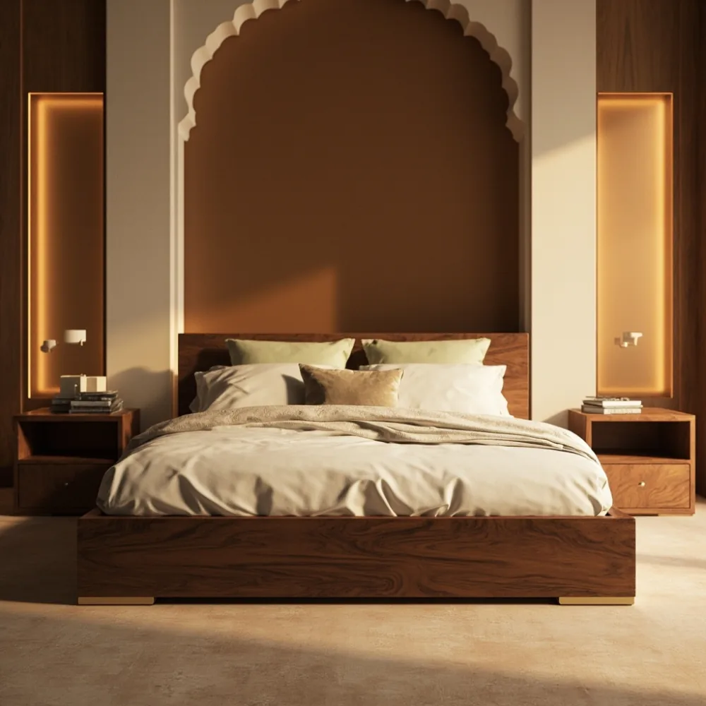 سرير كينج من خشب الجوز الأمريكي الصلب بقياس 180×200 سم داخل غرفة نوم فيلا بالرياض مع تفاصيل فرنسية