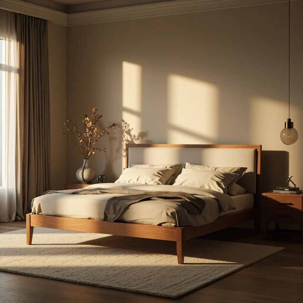سرير King size بإطار خشب زان صلب ومسند كتان في فيلا الرياض