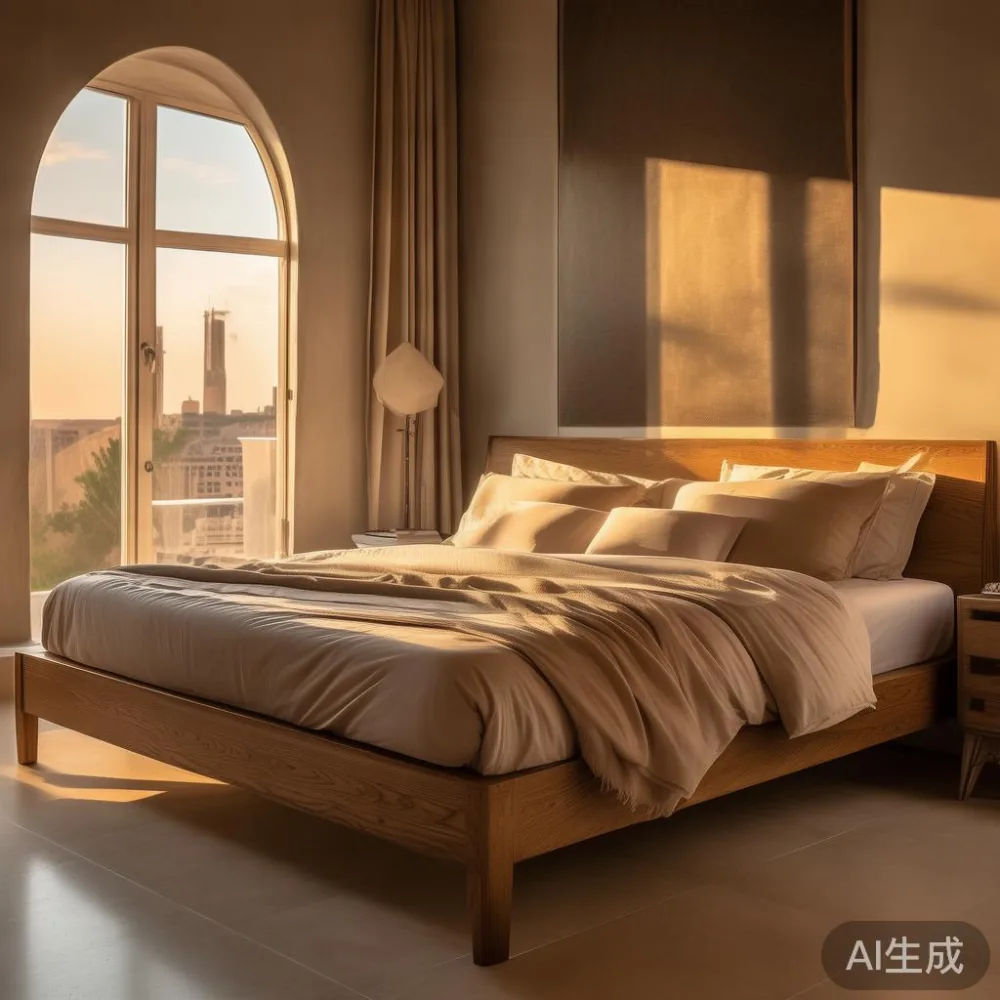 سرير كينج فاخر بإطار خشب بلوط في غرفة نوم فيلا دبي